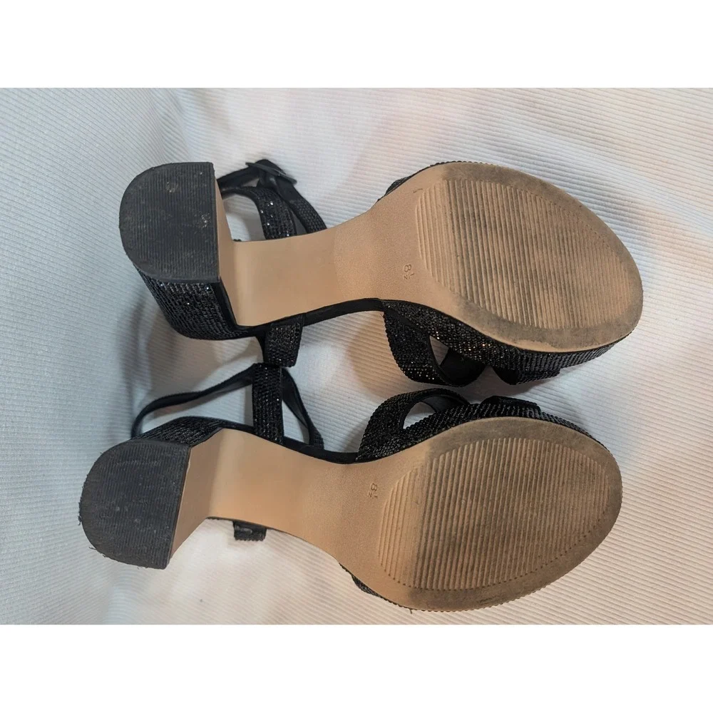 Maripe Black Rhinestone Platform Sandals Block Heel Evening Shoes Womens 8.5